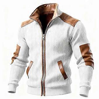 Men's Color Block Textured Fleece Zip Jacket, Casual Slim-Fit Stand-Collar Outerwear, White, XXXL