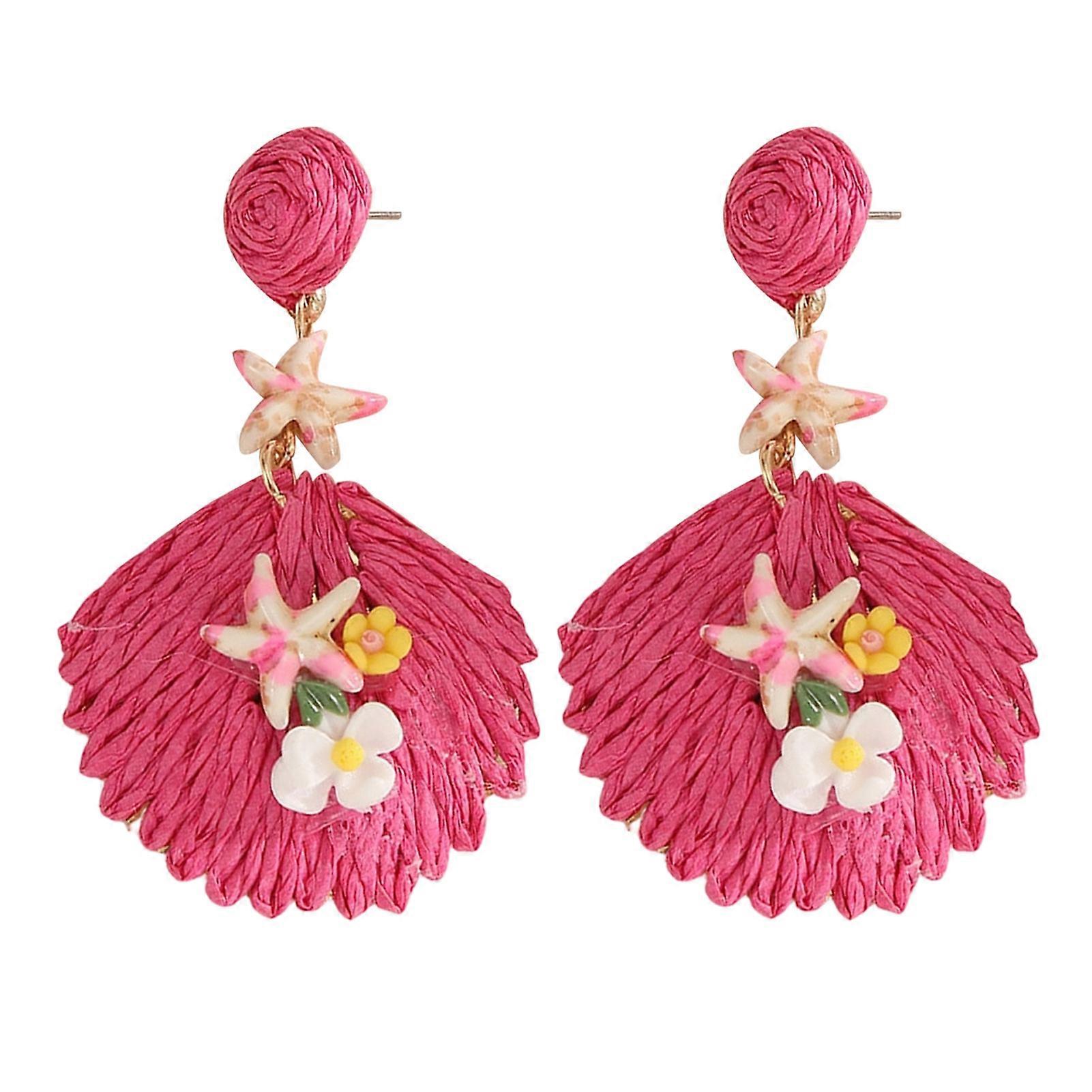 Raffia Starfish Shell Earrings - Handwoven Boho for Summer Beach
