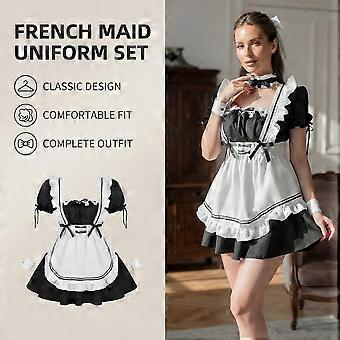 Women's Maid Lingerie Costume Set, Ruffled Roleplay Outfit with Apron and Accessories
