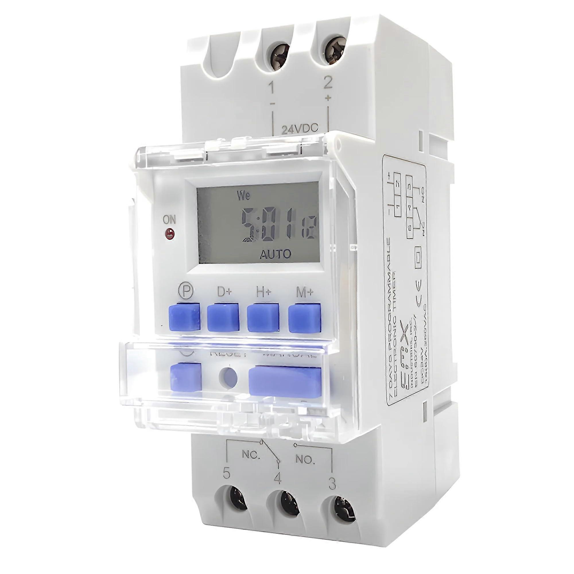 Seven Day Digital Programmable Timer Switch with Memory Backup for Lighting DIN Rail Mount 24V White
