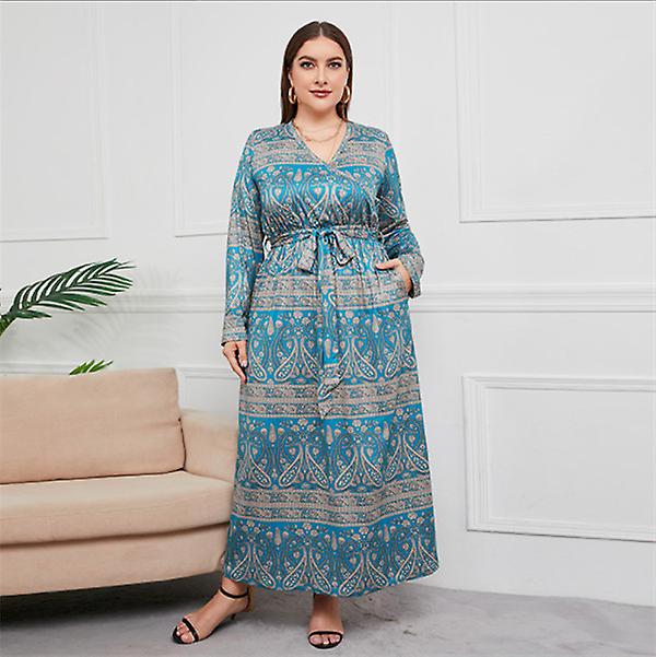 Spring And Autumn Hot Sale Brand Large Size Loose Women's V-neck Long Skirt Retro Temperament Cashew Print Dress
