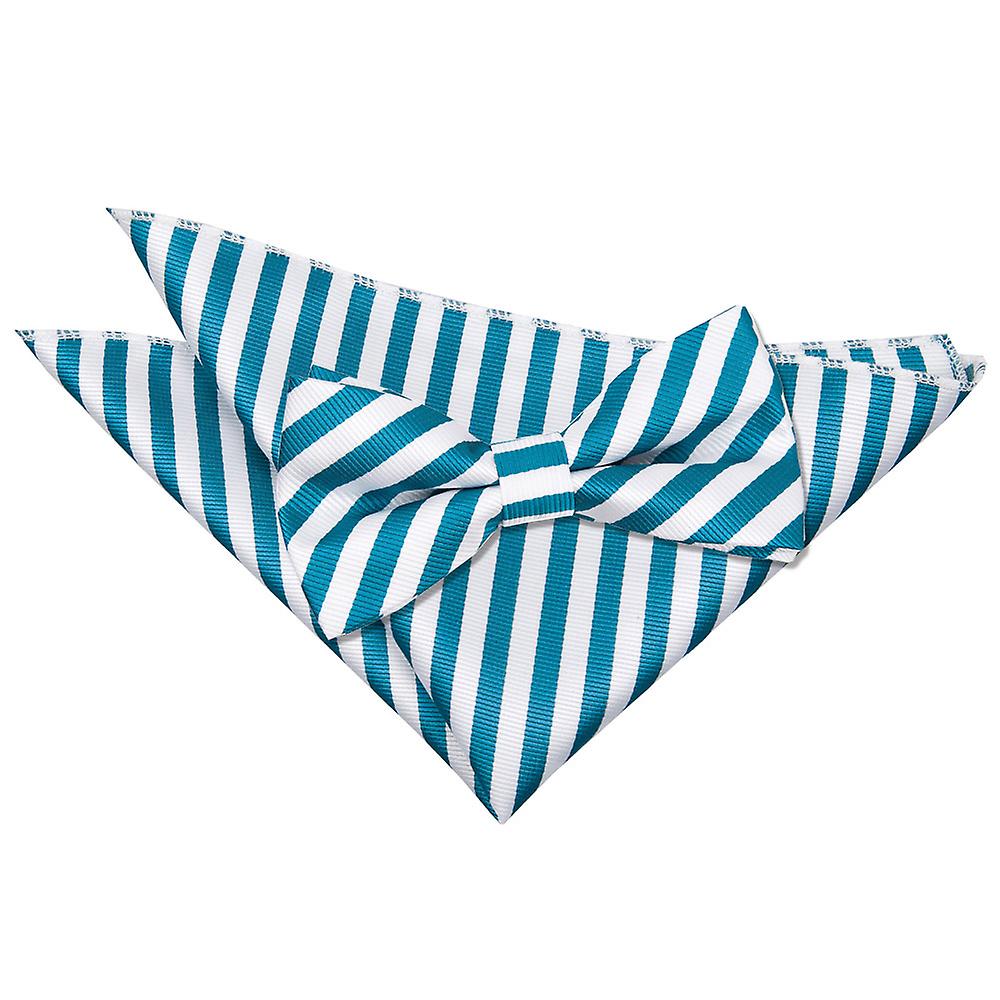 White and Teal Thin Stripe Bow Tie and Pocket Square Set