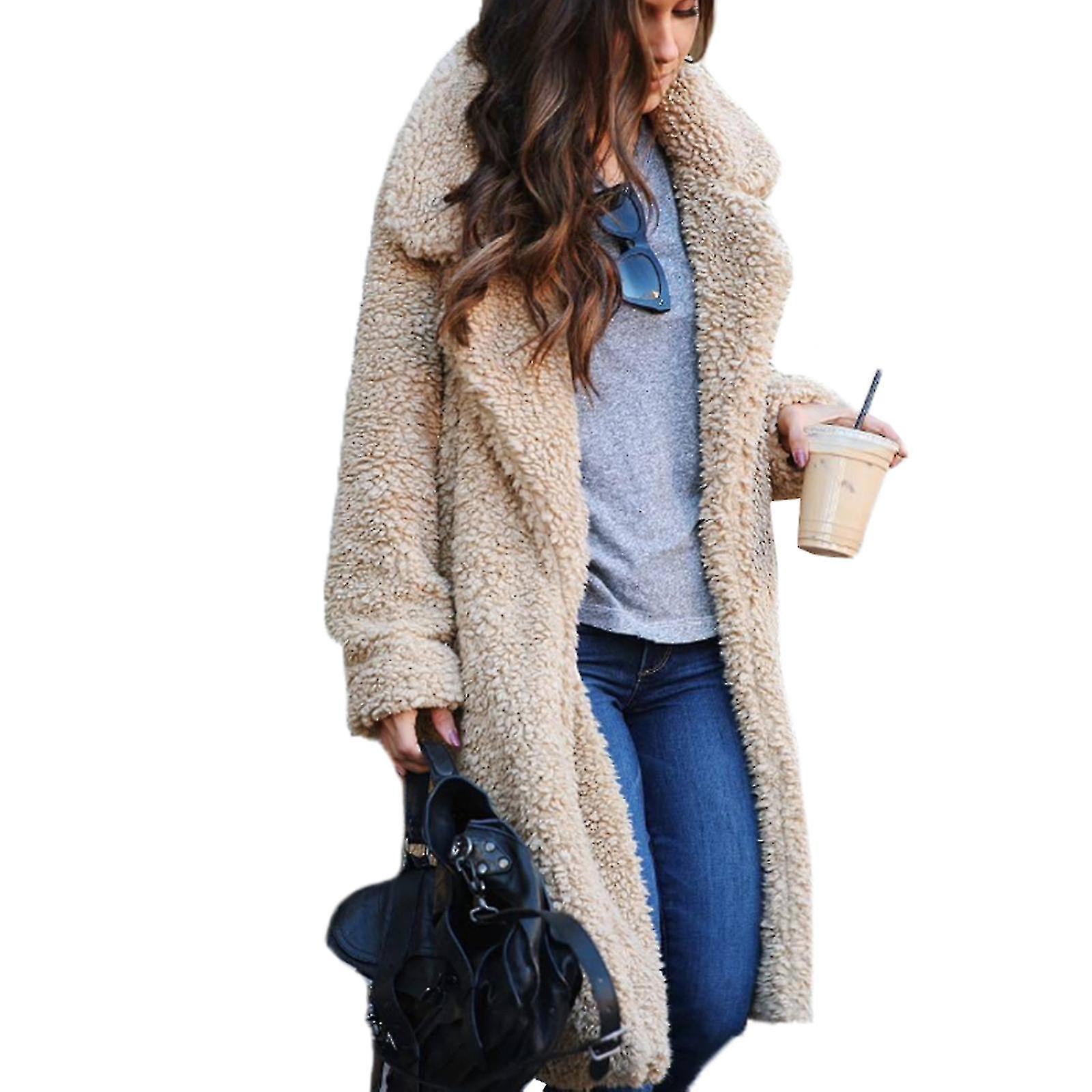 נשים פשוט דש דש דובון דוב ארוך מעיל Faux פרווה ז'קט מעל מעיל קרדיגן
