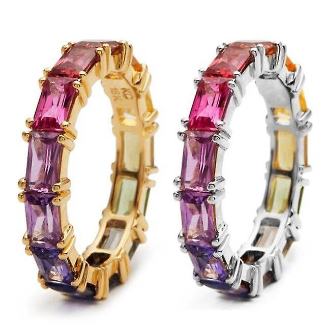 2PCS Women's Gold Plated Multi-coloured Rainbow Zirconia Ring