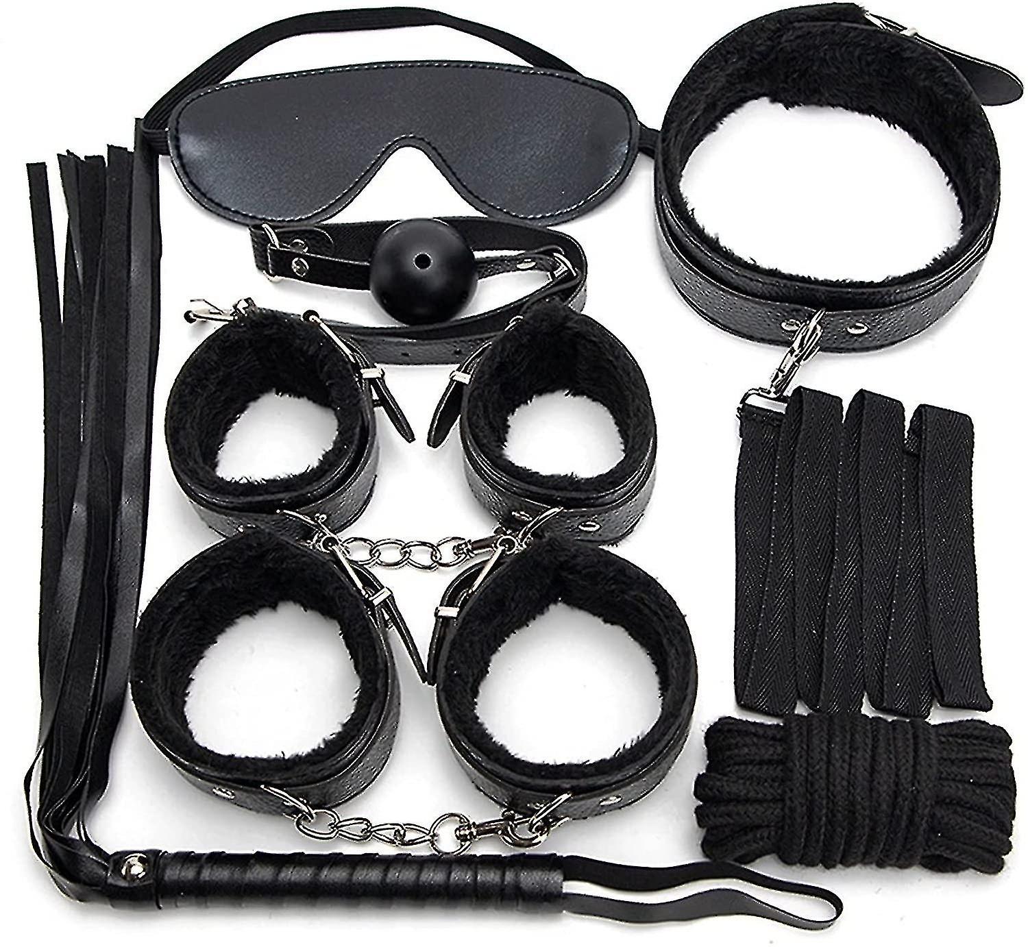 7pcs/set Leder Bodaged Kit Adlt Explay Hndcffs/whps/ball Gg/rope/collr Bdm