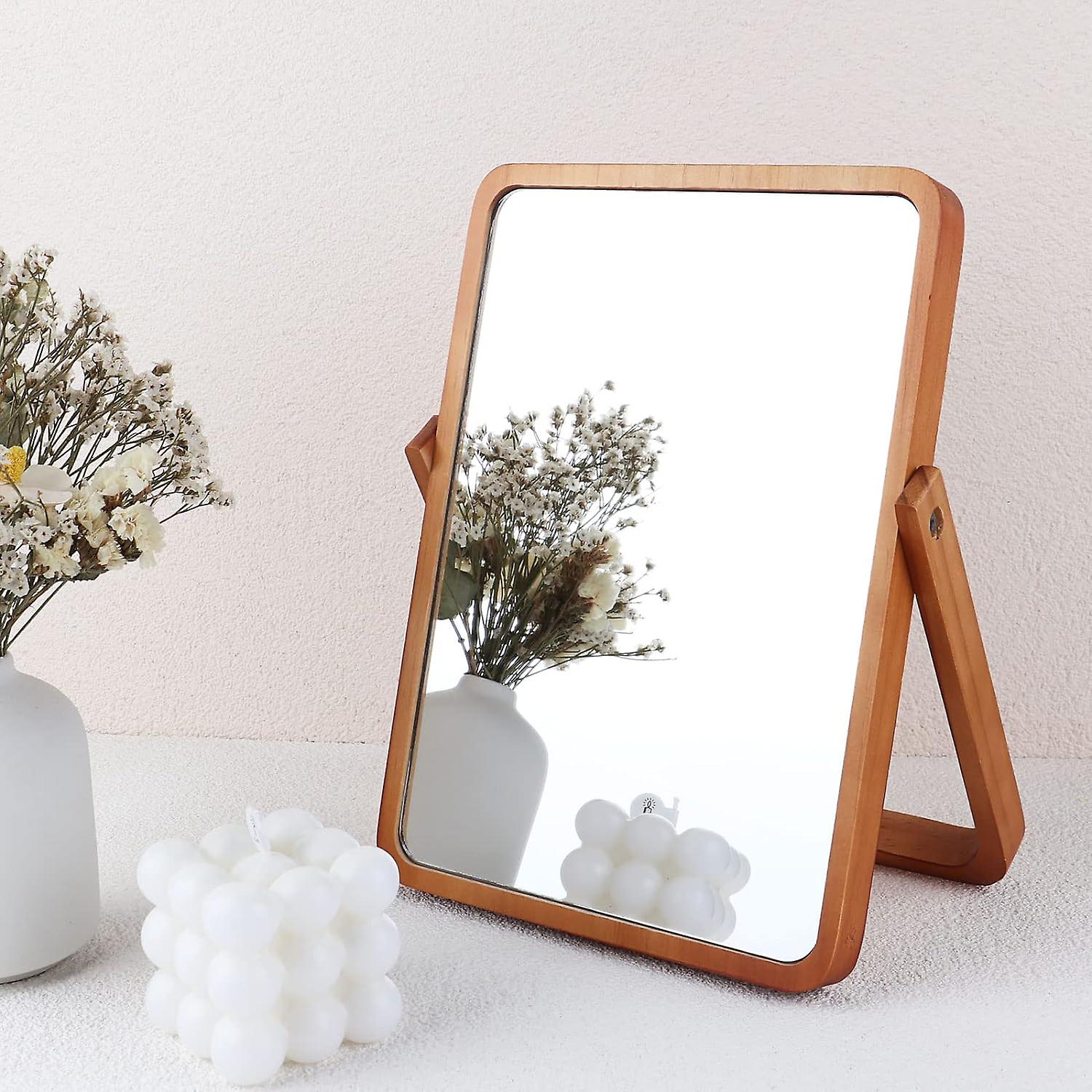 Wooden Tabletop Makeup Mirror, Small Round Rectangular Cosmetic Mirror with Adjustable Support (AAA)