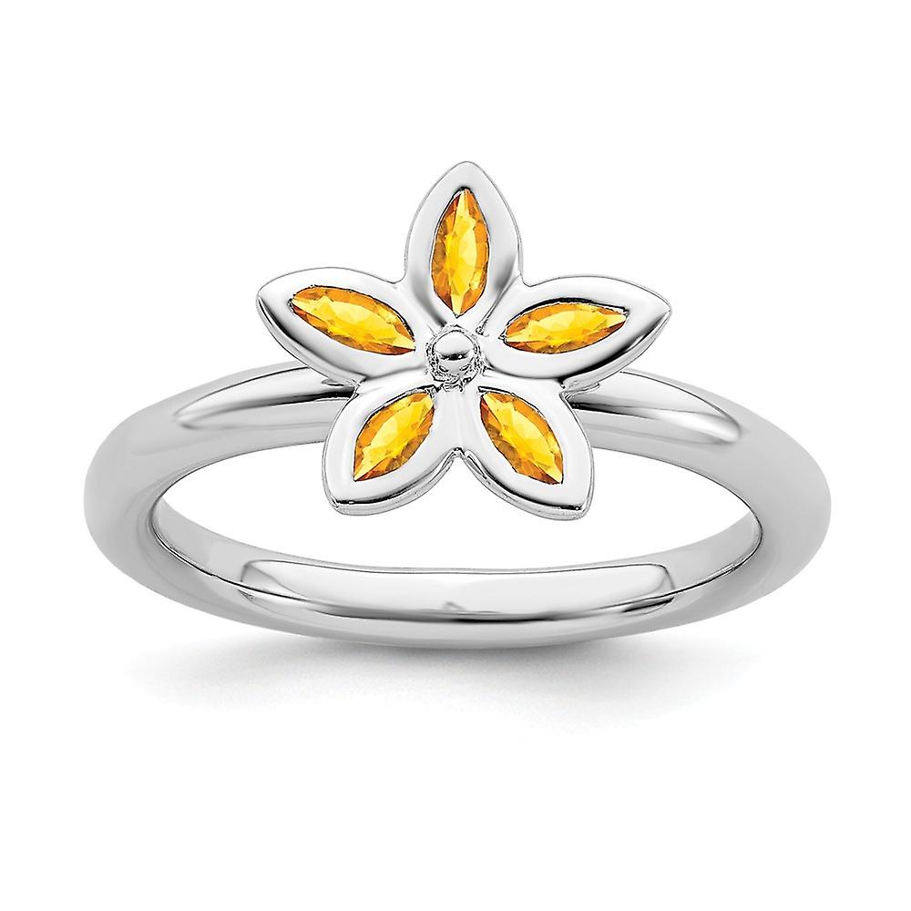 925 Sterling Silver Bezel Polished Stackable Citrine Flower Ring-Stackable-Ring for Women - Ring Size: 5 to 10