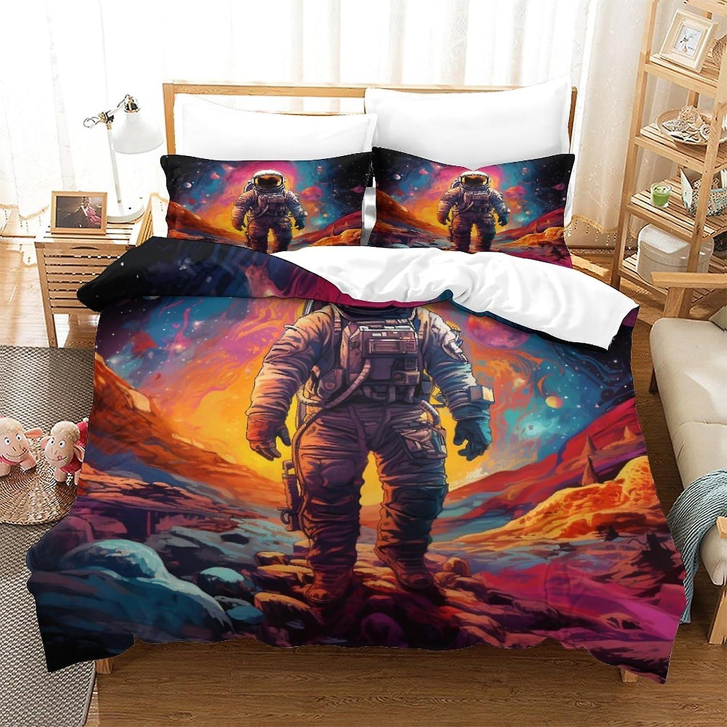 Astronauts Bedding 3 Piece Set 3D Duvet Cover with Pillowcases Bedding Set with Zipper Closure Hypoallergenic Soft Microfiber Quilt Cover Double