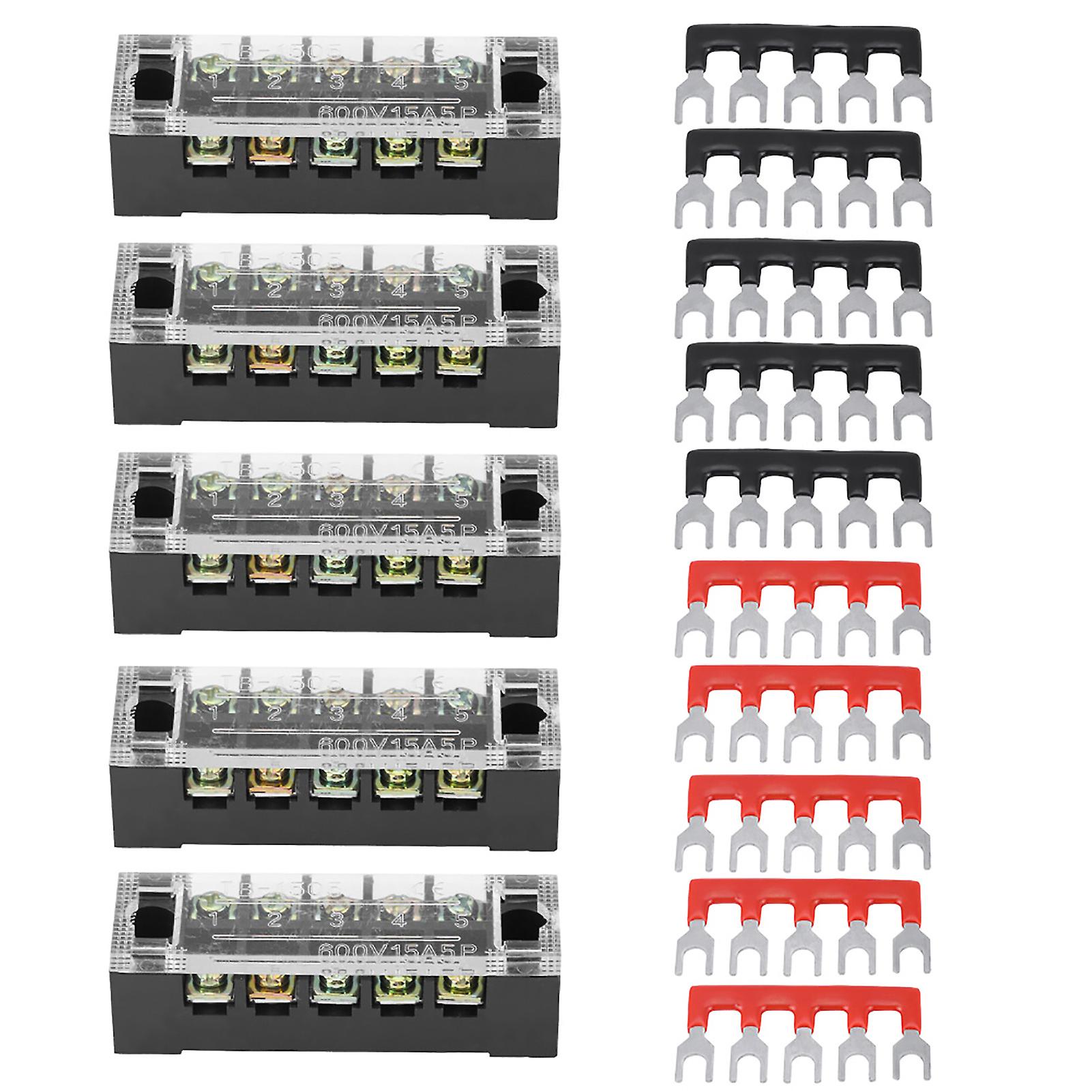 Set of 5 double row screw terminal blocks 5 positions 600 V 15 A + 10 pre-insulated protection bars