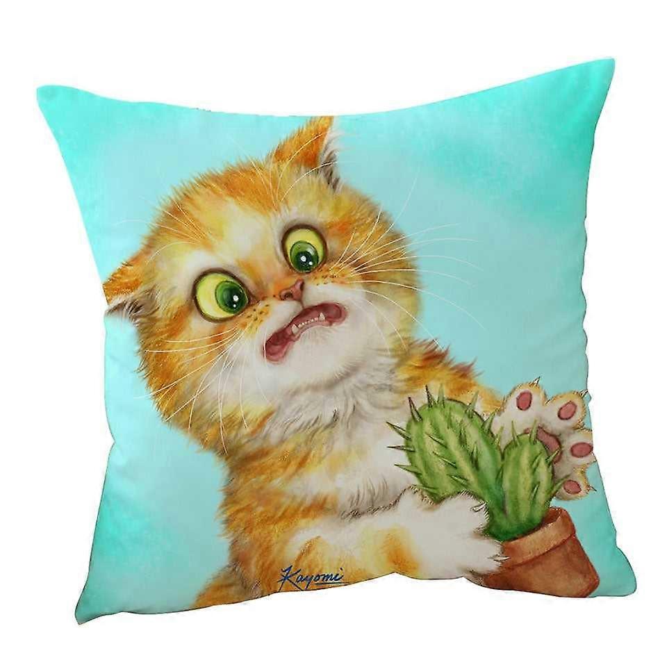 Funny Ginger Cat Playing with a Cactus Cushion Cover