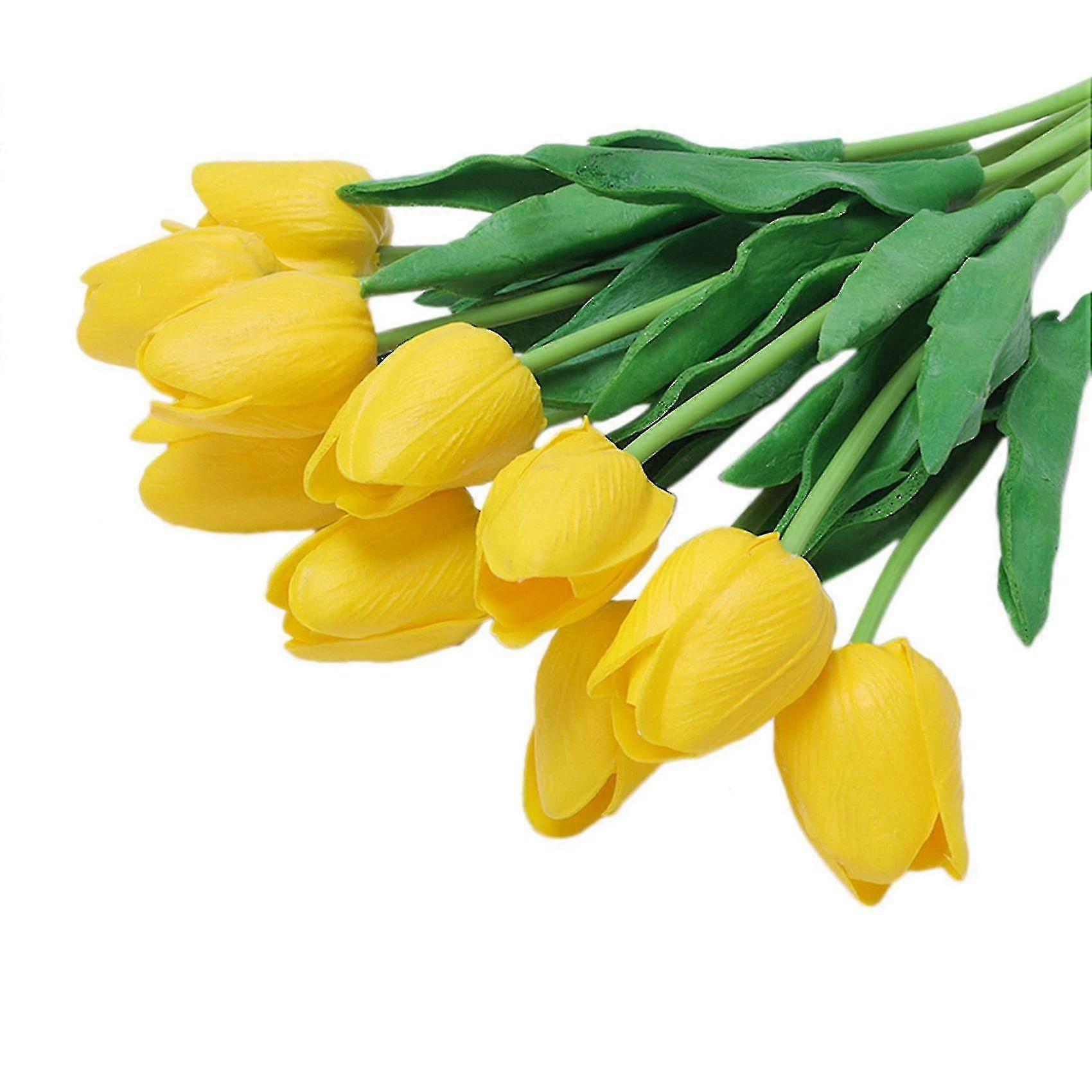 10pcs yellow tulip flower with leaves