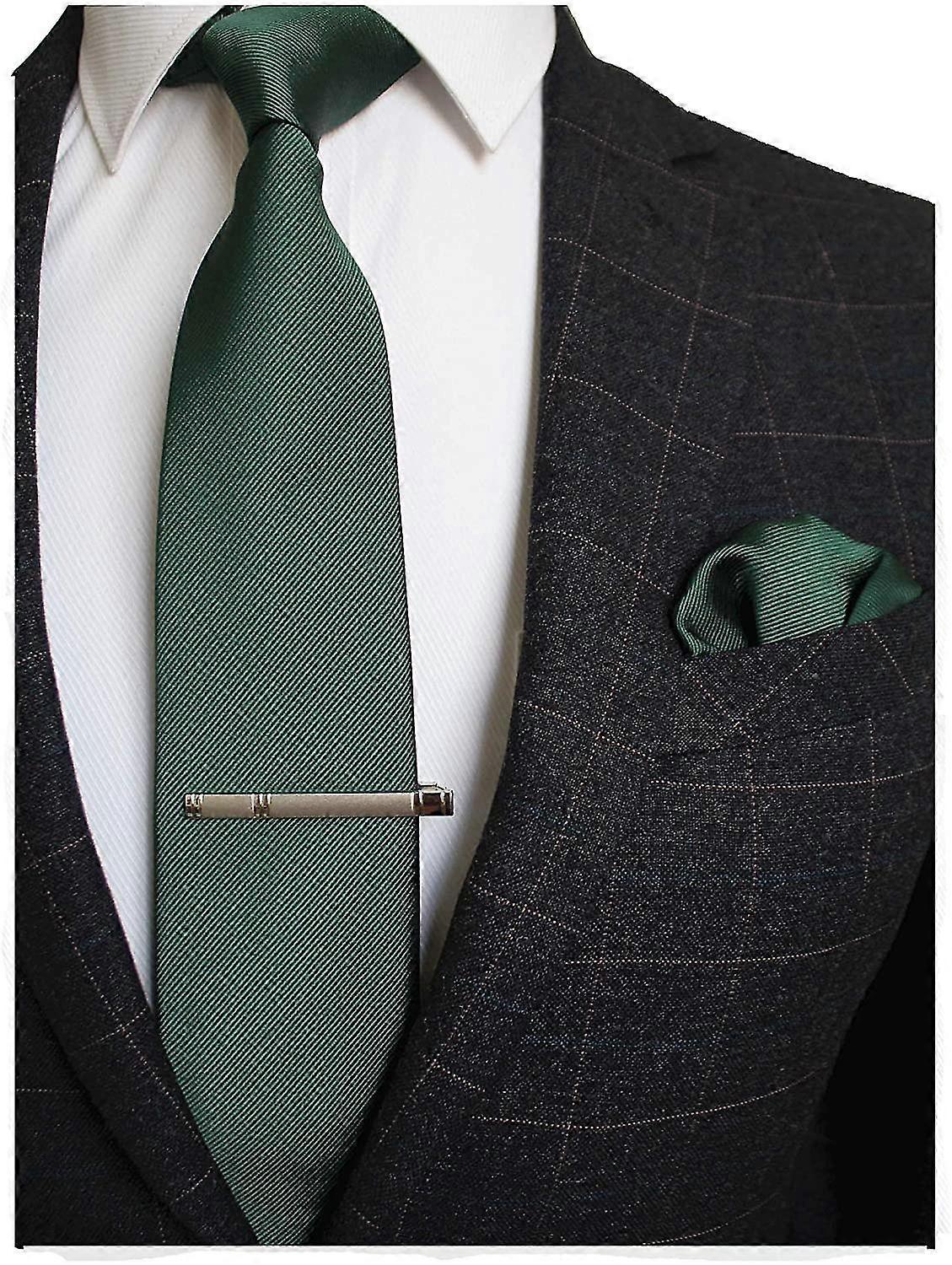Solid Color Formal Necktie And Pocket Square Tie Clip Sets For Mendark Green