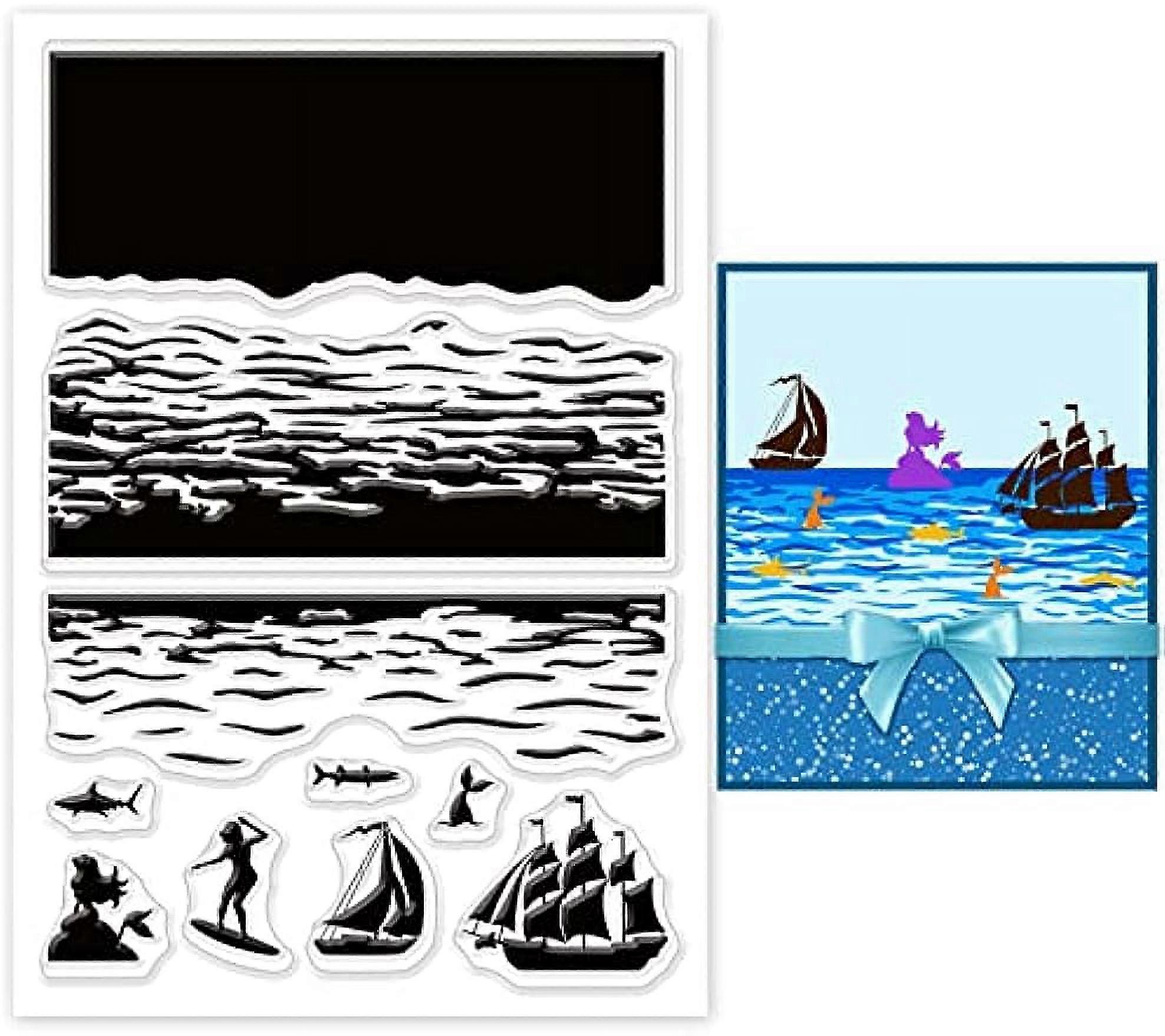 1PC Ocean Theme Clear Stamps Transparent Craft Stamps Sea Wave/Sailboat/Fish Patterns Stamps