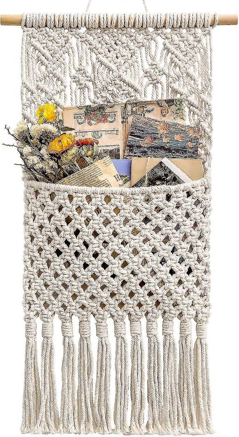 Magazine Storage Organizer Mail Holder Wall Mount Cotton Wovening Hanging Pocket,boho Home Decor, Ivory, 33cm(w) 82cm(l)