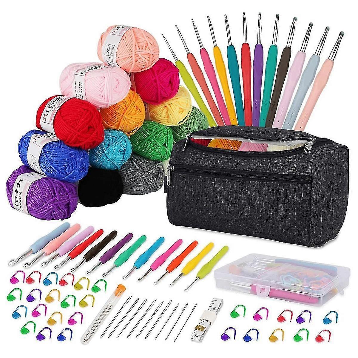 مجموعات الكروشيه للمبتدئين الكبار طقم الكروشيه 15 قطعة × 25 جرام خيوط الكروشيه طقم خطافات الكروشيه المعدنية المريحة - أسود