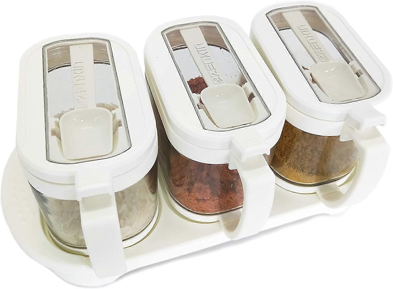 Pot de condiment en verre transparent Boîte d’assaisonnement Pot à épices 3pcs/set avec plateau