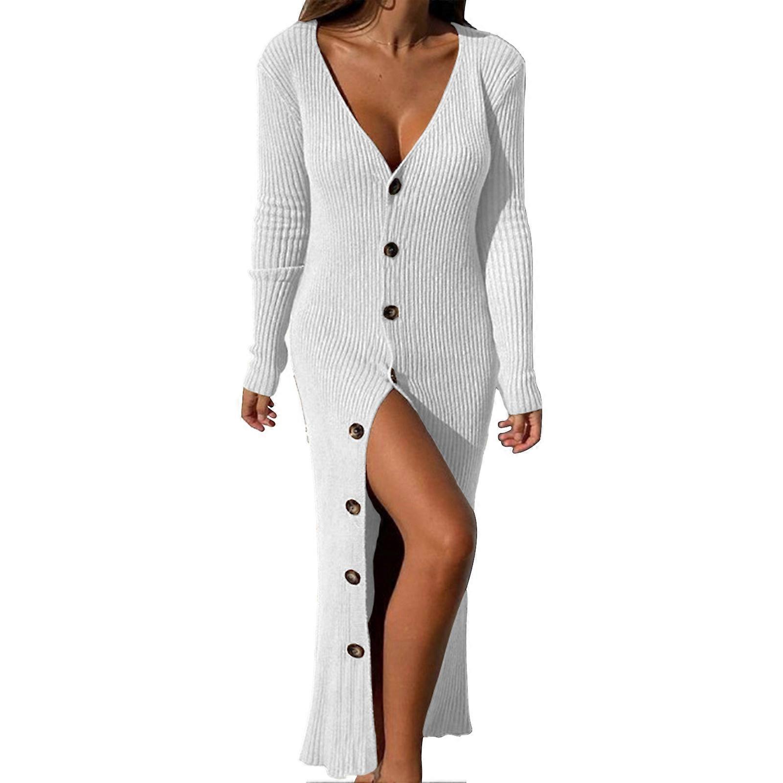 Button Down Stickad Tröja Klänning Enkelknäppt V-hals Långärmad Öppen Front Casual Ribbad Stickad Klänning för kvinnor