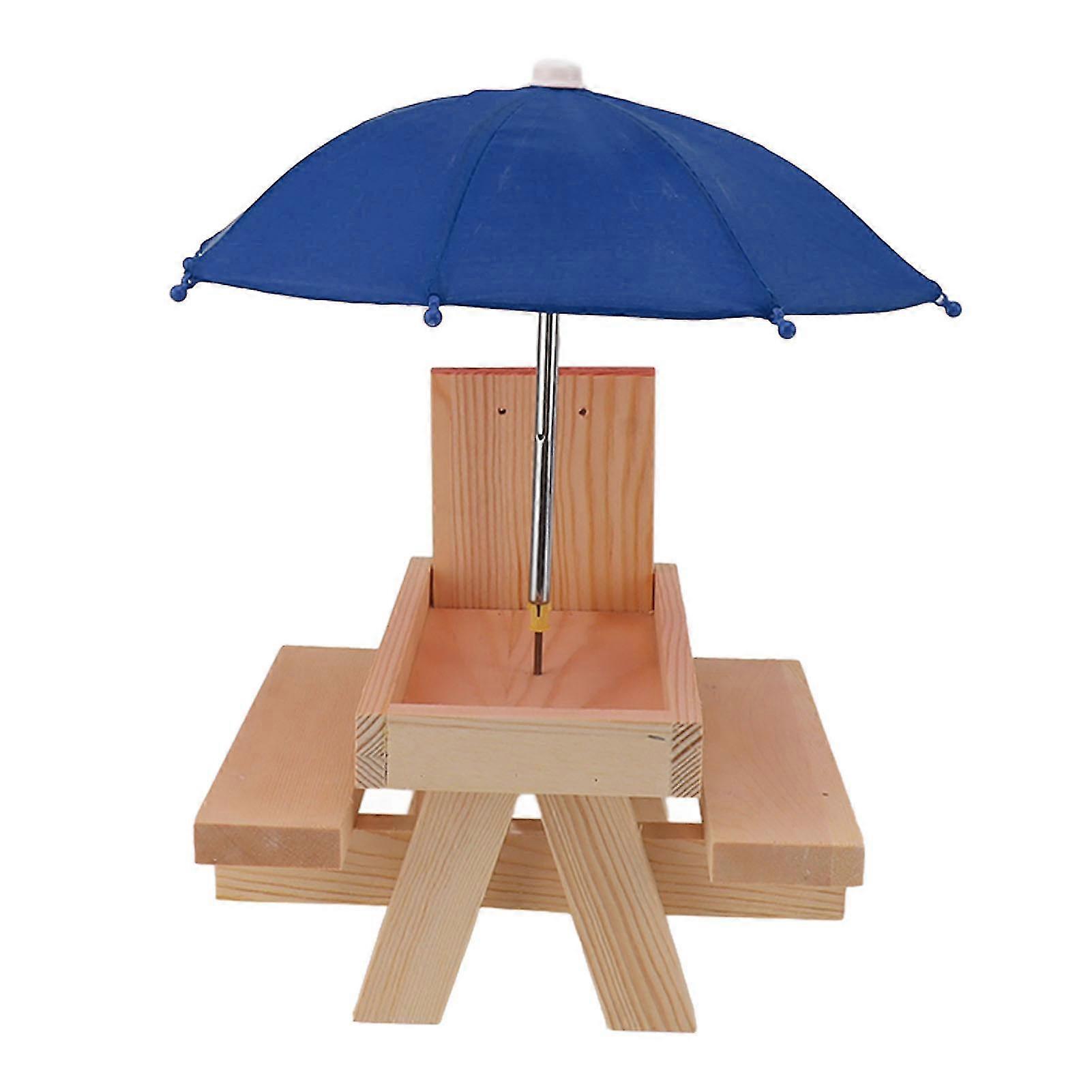 Pine Wood Outdoor Squirrel Feeder Table with Blue Umbrella