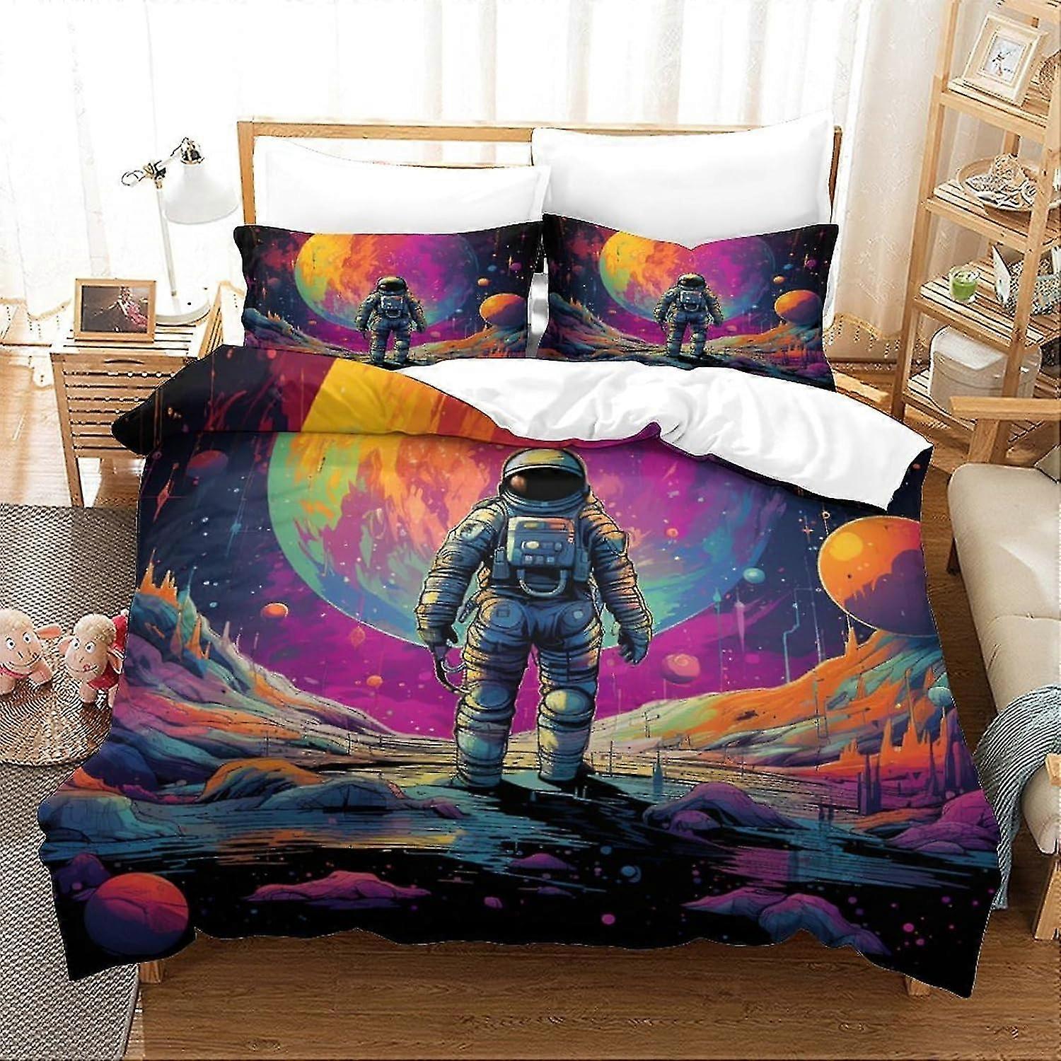 o4985 Lençóis de Cama Impressos em 3D Astronautas Conjunto de Capa de Edredom Conjuntos de Cama Paisagem Cósmica Ultra Macio Capa de Colcha de Microfibra com Fecho de Zíper para Adolescentes A