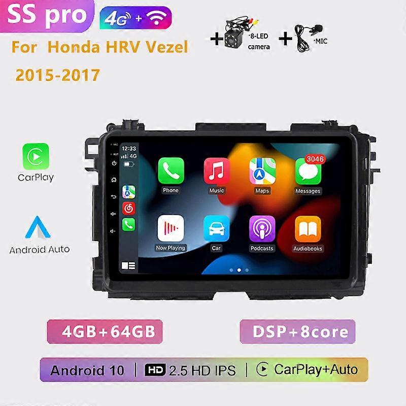 2din 4+64G auto Android radio multimedia player bluetooth carplay GPS navigation NO DVD DSP For Honda HRV Vezel 2015 2016 2017