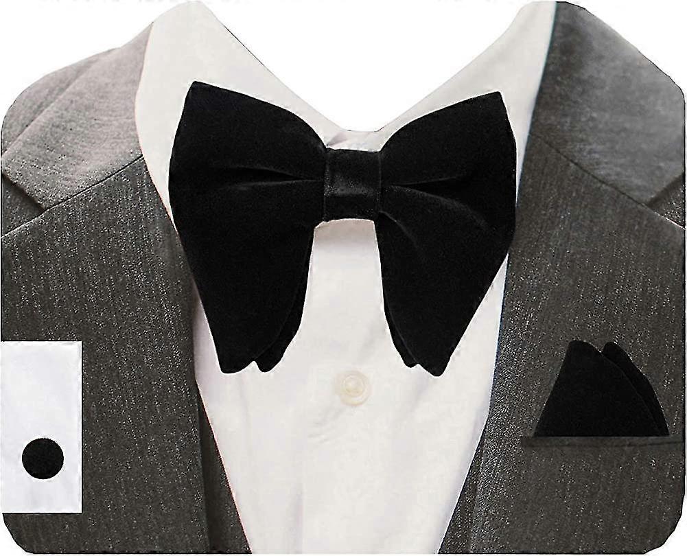 Mens Solid Plaid Velvet Pre-tied Adjustable Bow Tie And Pocket Square Cufflink