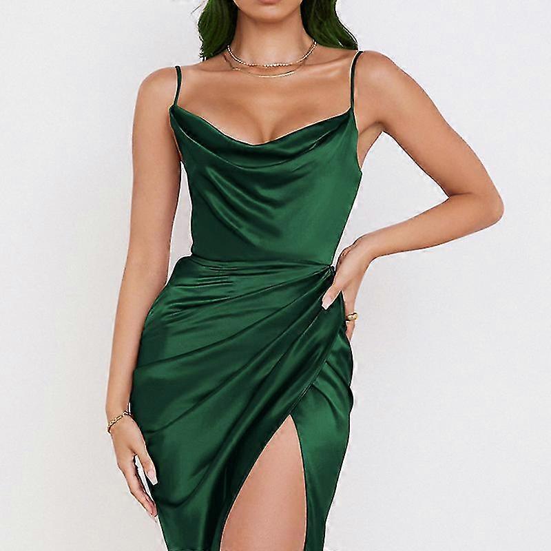 Sleeveless Strap Satin Wedding Guest Party Pleated Backless Slip Irregular Dresses For Women(green)