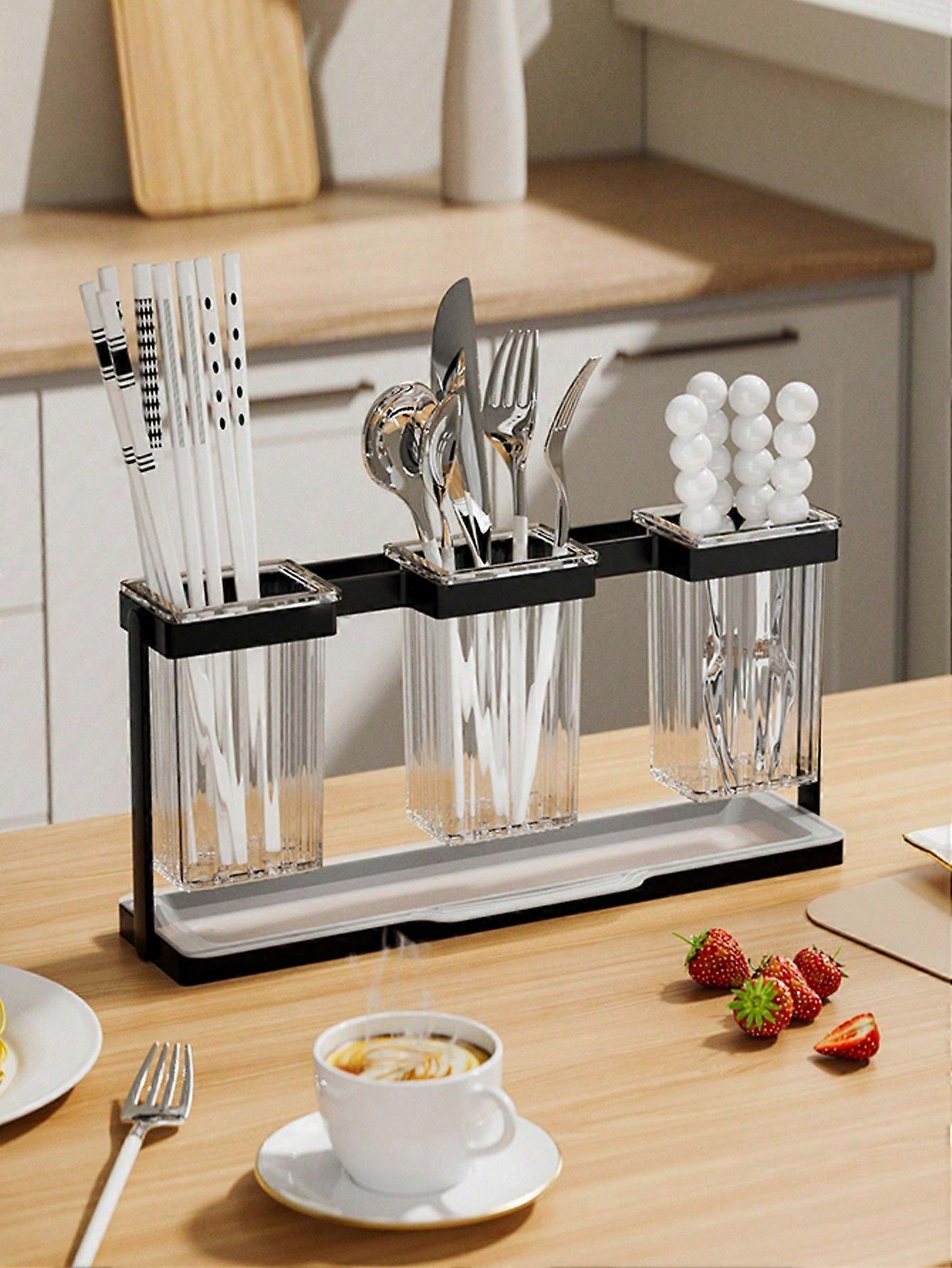 1 قطعة حامل عيدان تناول الطعام السوداء مع صينية ، رف تجفيف أدوات المائدة ، منظم أواني المطبخ ، مجفف أدوات المائدة ، رف تخزين كونترتوب ، ملحق المطبخ