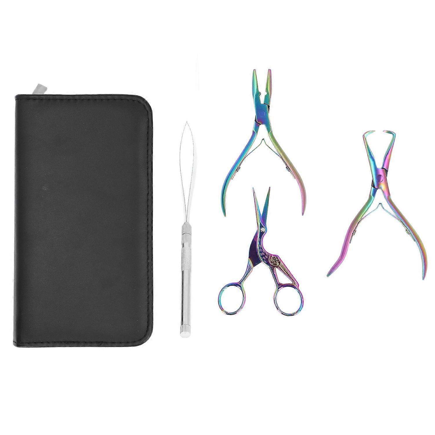 4pcs Hair Extension Tools with Pliers Wire Loop Beading Hook Needle Small Scissors Storage Bag Profe