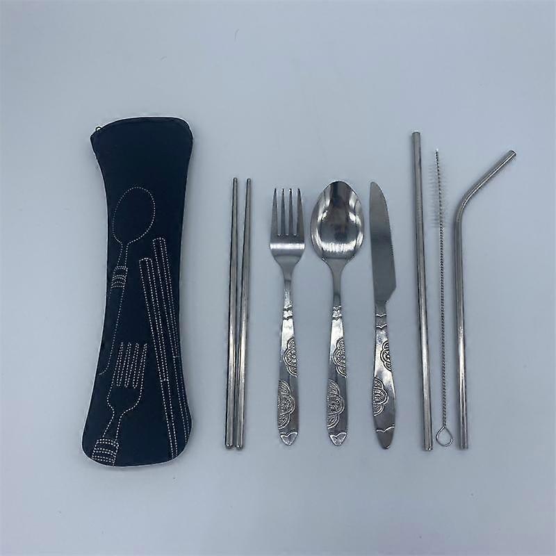 7pcs Set Dinnerware Portable Printed Stainless Steel Spoon Fork Steak Knife Set Travel Cutlery Tableware with Bag