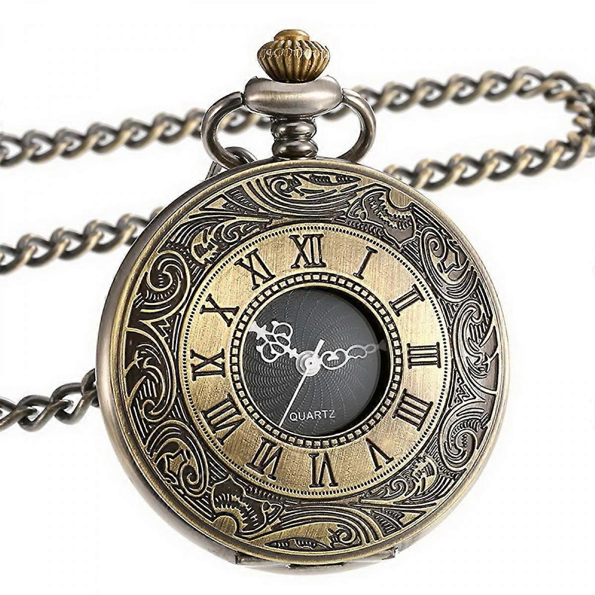 Quartz Pocket Watch for Men with Black Dial and ChainBronze