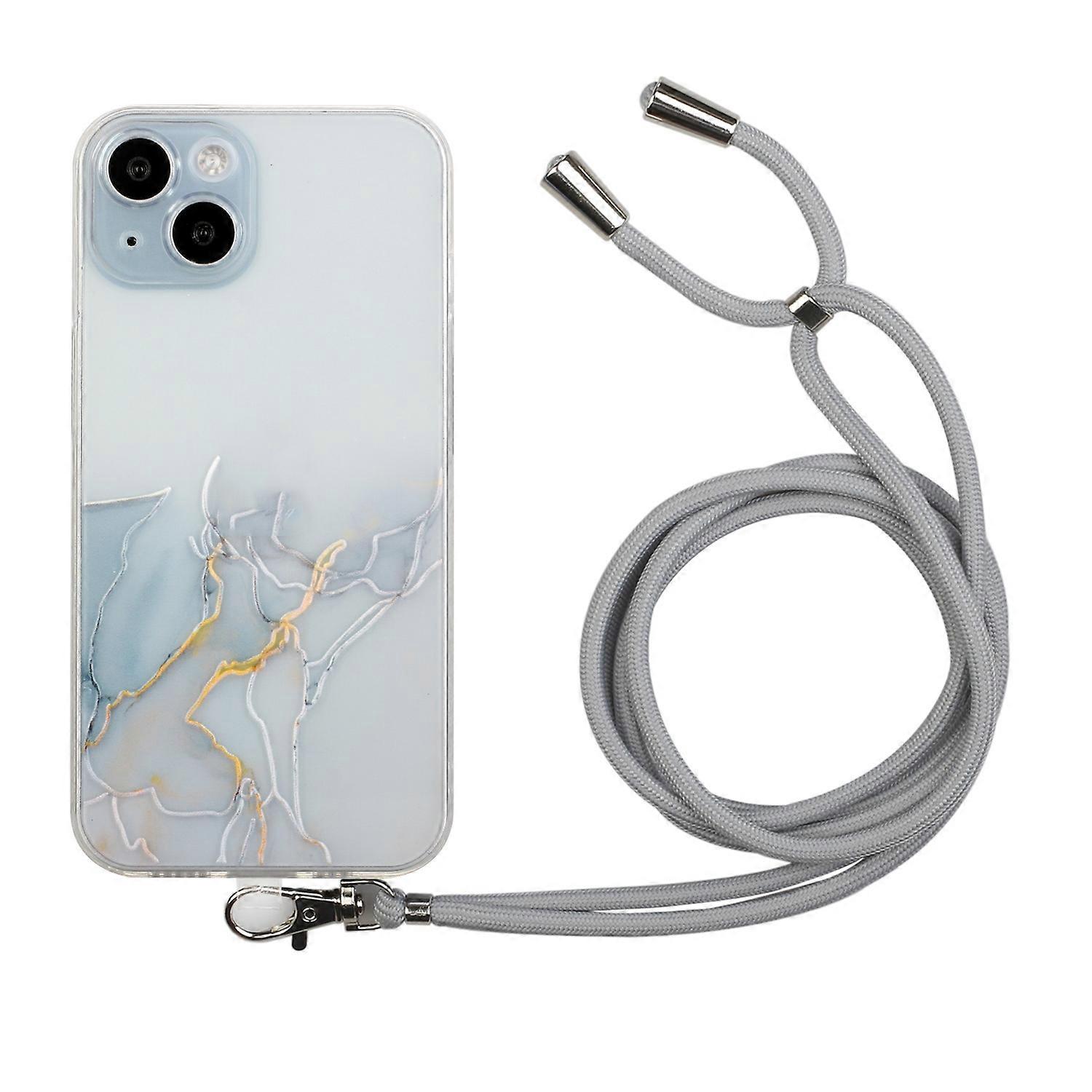 For iPhone 14 Plus Hollow Marble Pattern TPU Shockproof Protective Case with Neck Strap Rope