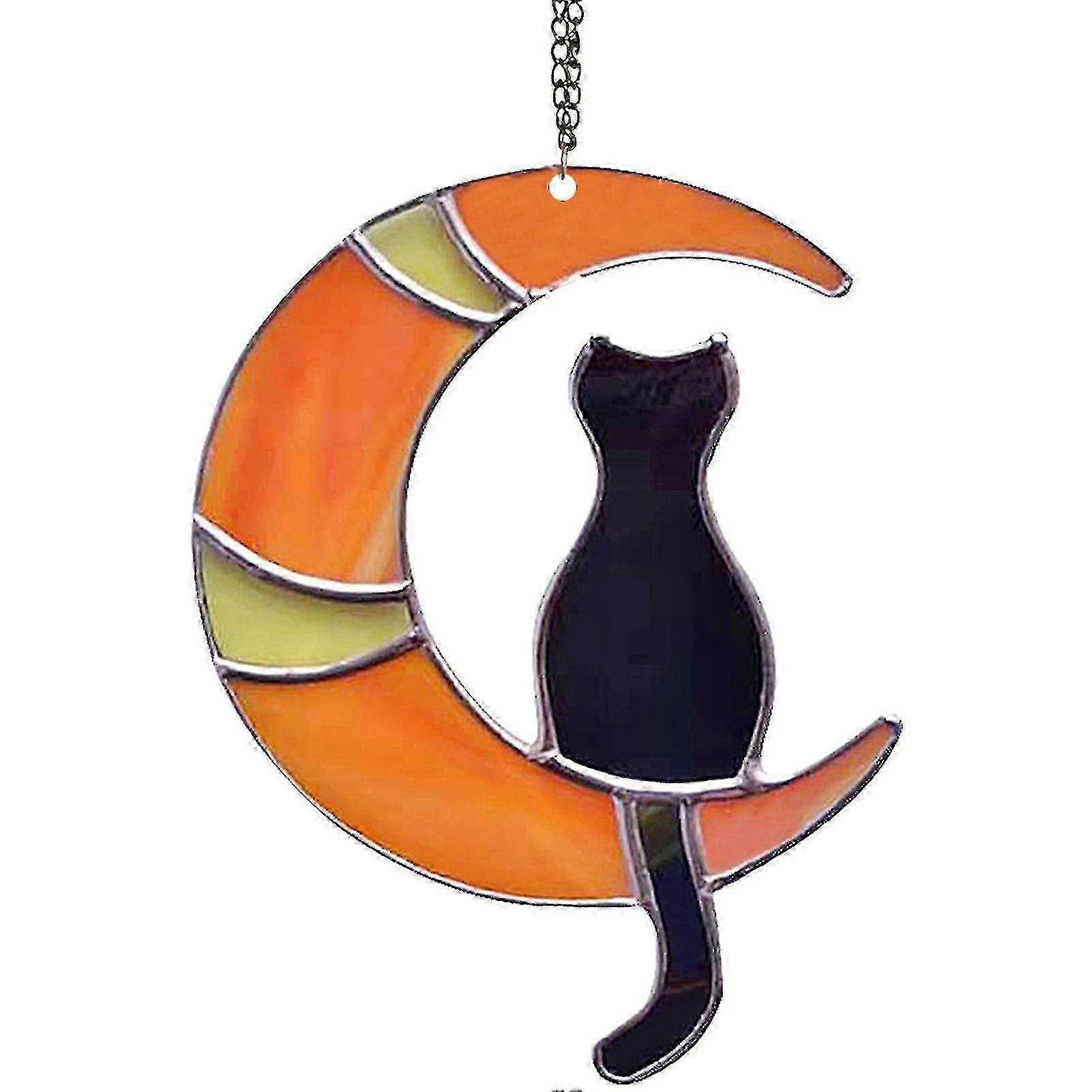 Black Cat On Moon Stained Acrylic Window Hangings Ornament For Home Decor--orange