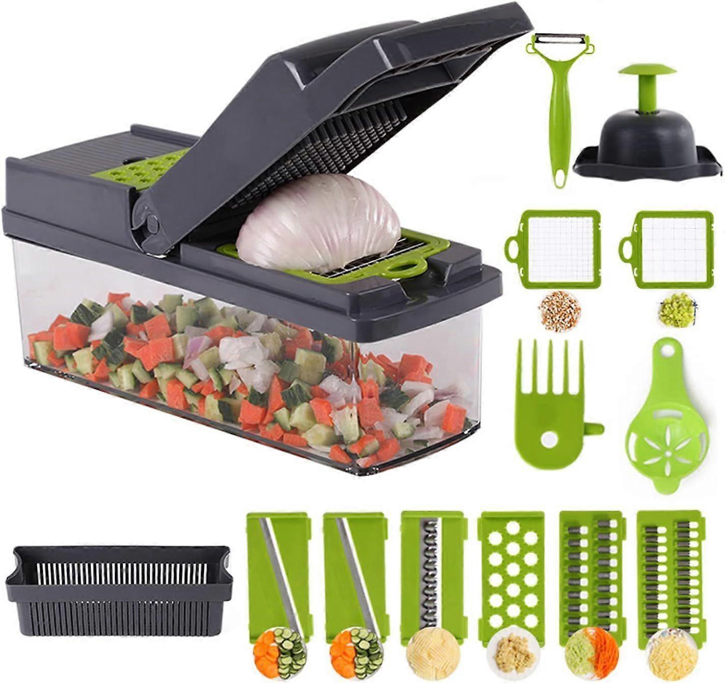 Multifunction Vegetable Chopper, 8-Blade Slicer, Onion Chopper, Egg Separator, Grater, Large Container with Hand Guard and Push Button