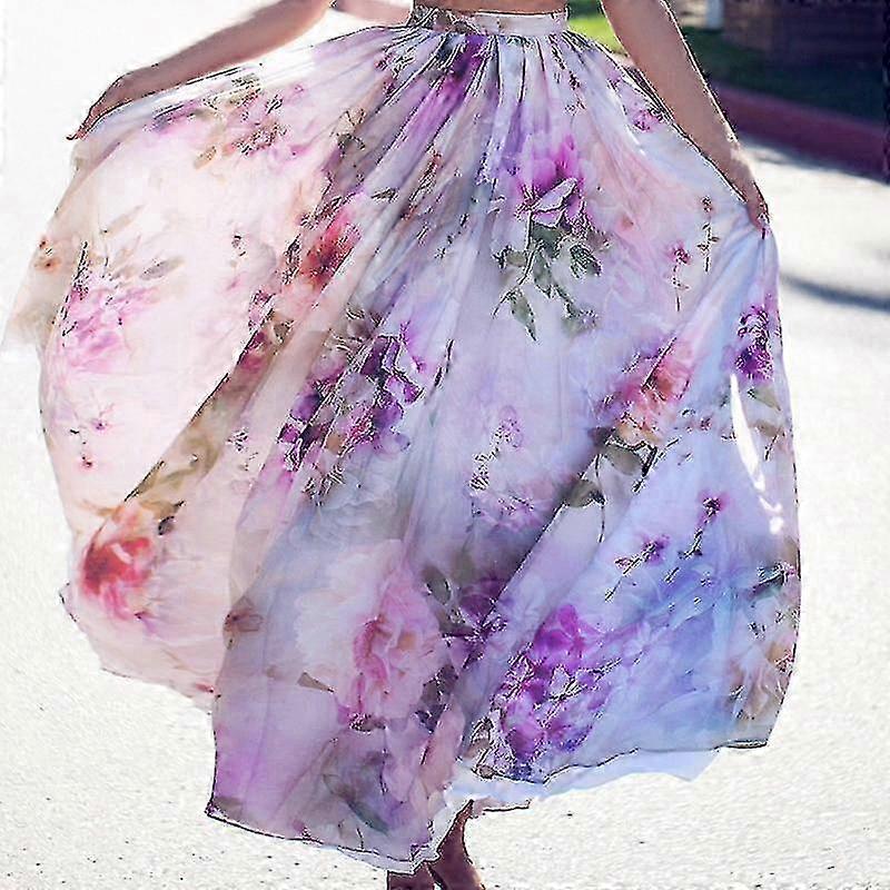 Elegant Floral Long Skirt with Bordered Hem and Full-Length Design for Summer