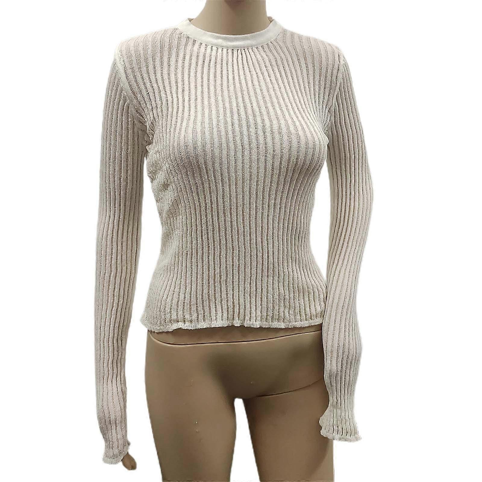 Breathable Knit Pullover Sweater Women's See Through Crew Neck Mesh Top with Solid Color  White S