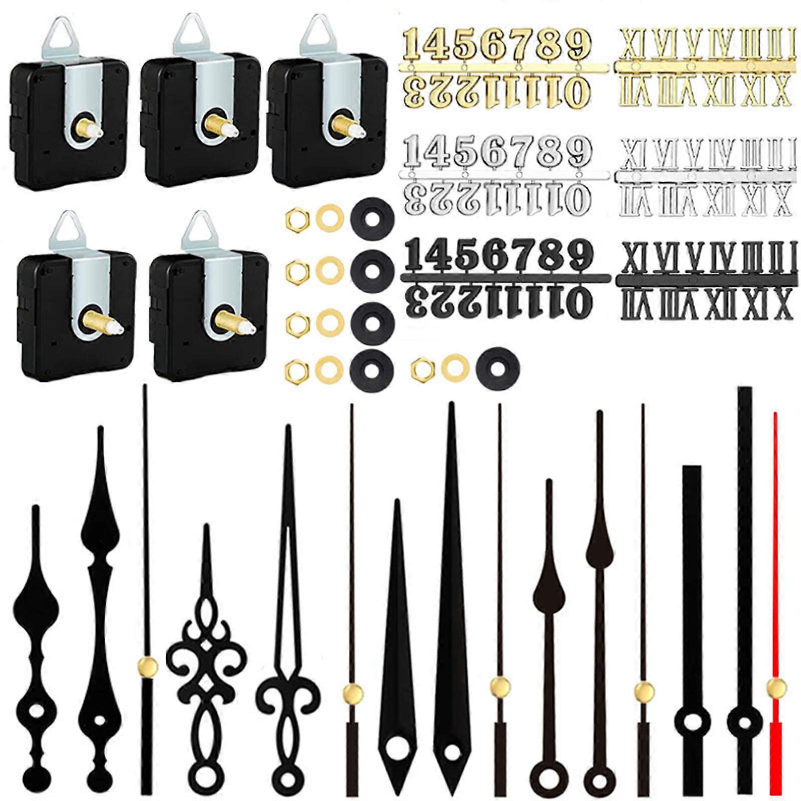 5Pieces Quartzs Wall Clock Movement Mechanism Clock Numerals Kits Battery Operated Clock Motor with Different Hands Set