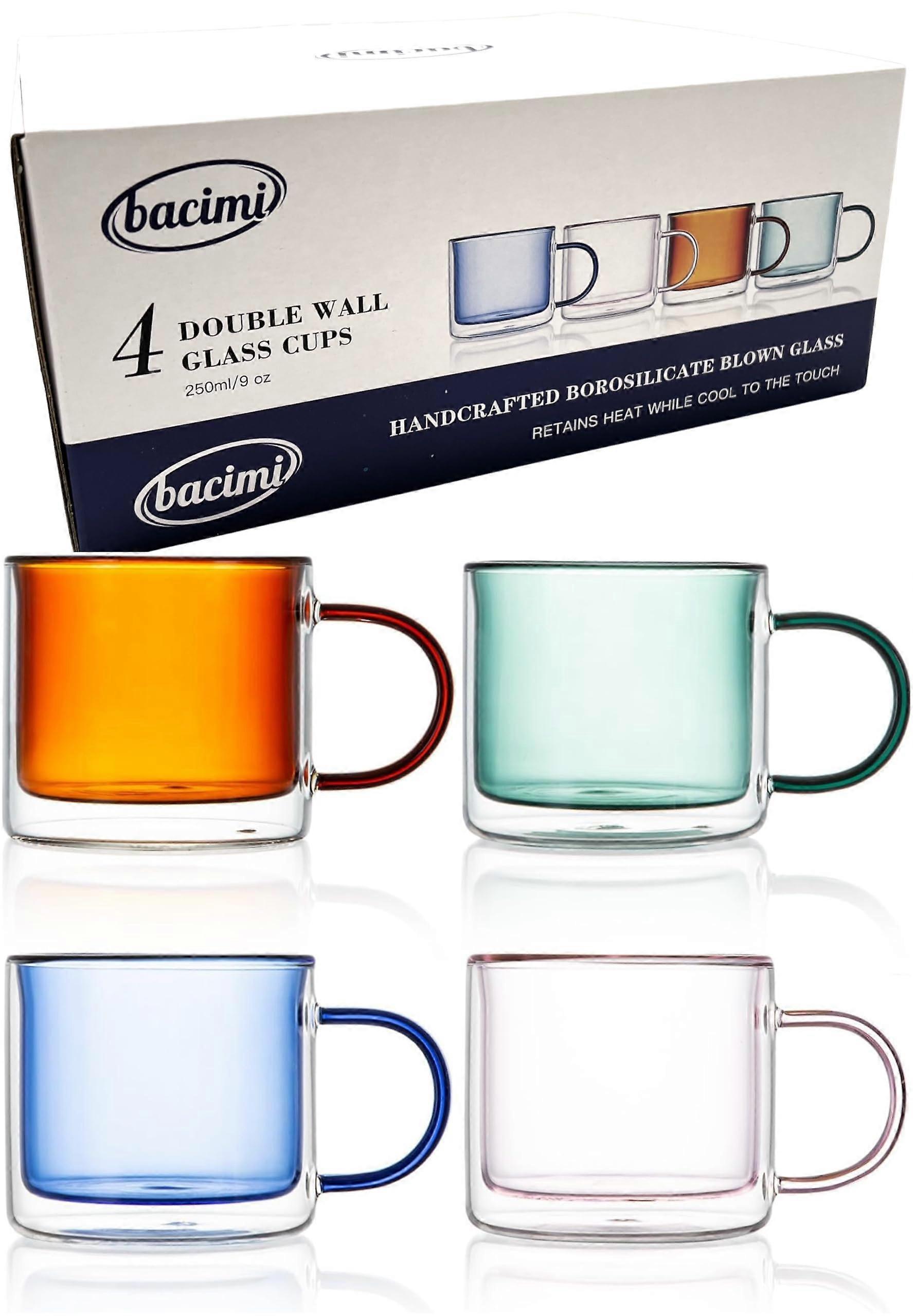Double Wall Insulated Coffee Mugs Set of 4, 9oz Borosilicate Glass with Handle for Espresso, Cappuccino, Tea, Microwave Safe