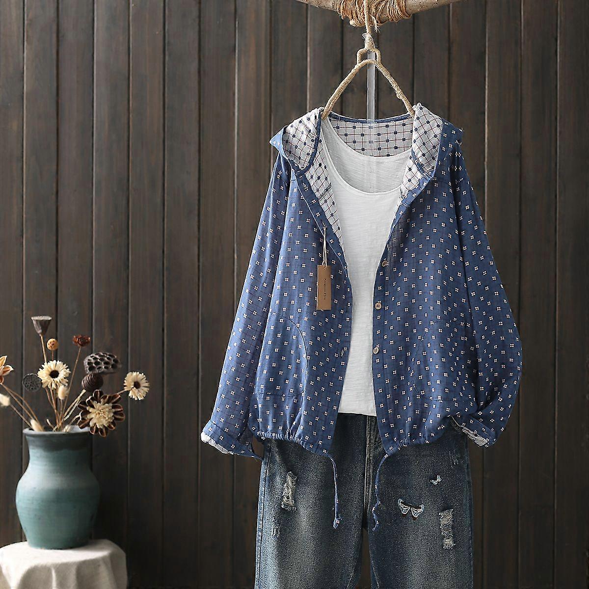 81620 Retro Plaid Dots Einreihiges Langarmhemd mit Kapuze Mantel Weiblich Herbst Locker Casual Top