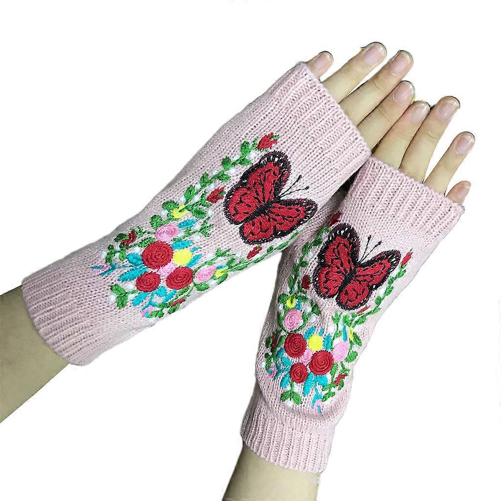 Färgglad varm vintervante för fjärilsstickade fingerlösa vantar med tumhål, stretchig mjuk halvfin rosa
