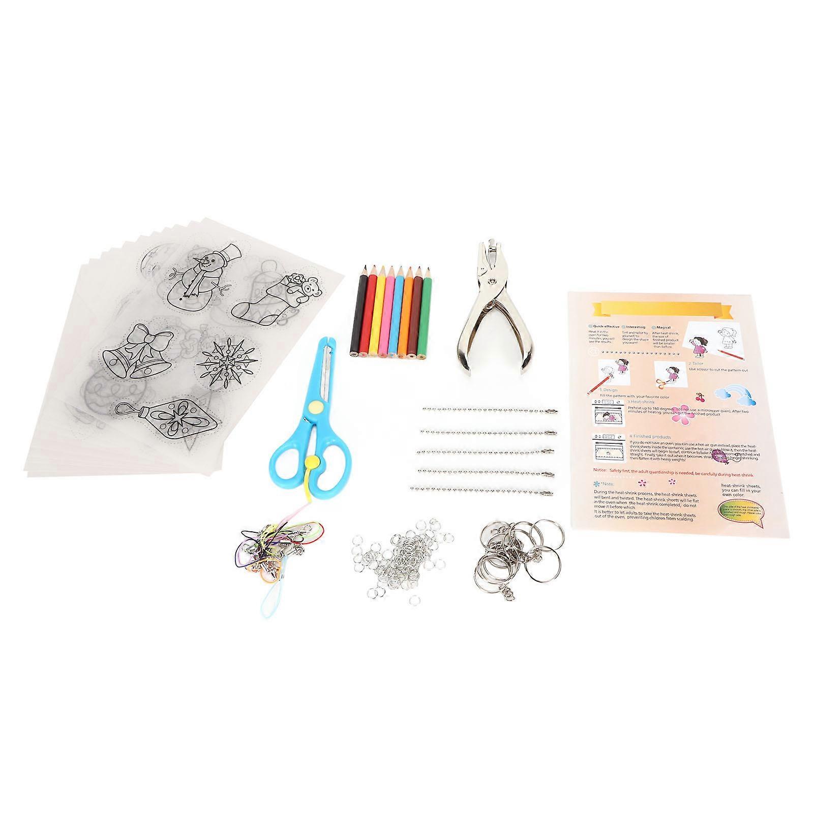 Heat Shrink Sheets Kit Semi Transparent Smoothing Frosted Sides Shrinky Paper Art Films with Pencils Clasps Keyrings