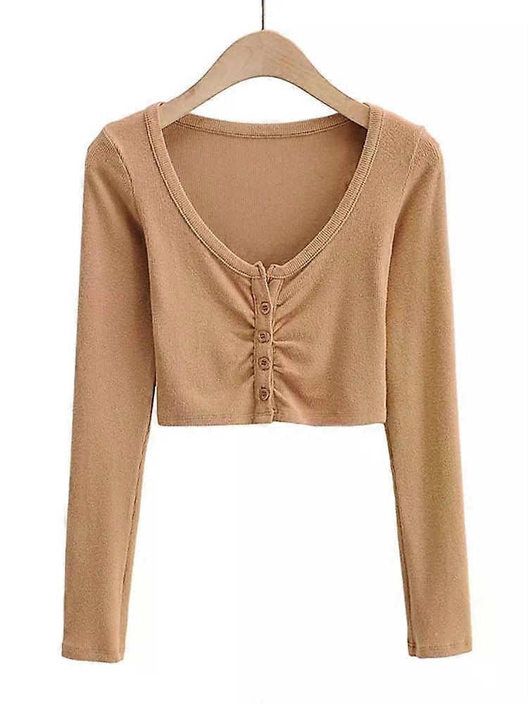 Slim V-neck Long Sleeve Bottomed Womens Tops And Blouses High Street Solid Color Open Navel Cardigan
