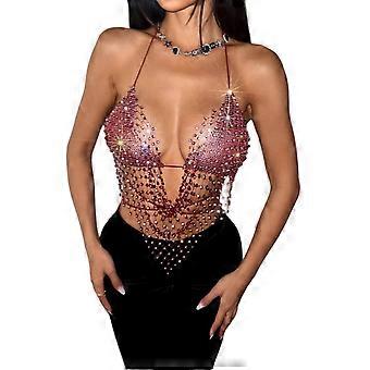 Women Mesh Rhinestones Bra Crop Top Backless Halter Fishnet Tank Top See Through Bikini Cover Up Night Out Party Outfit  Red S