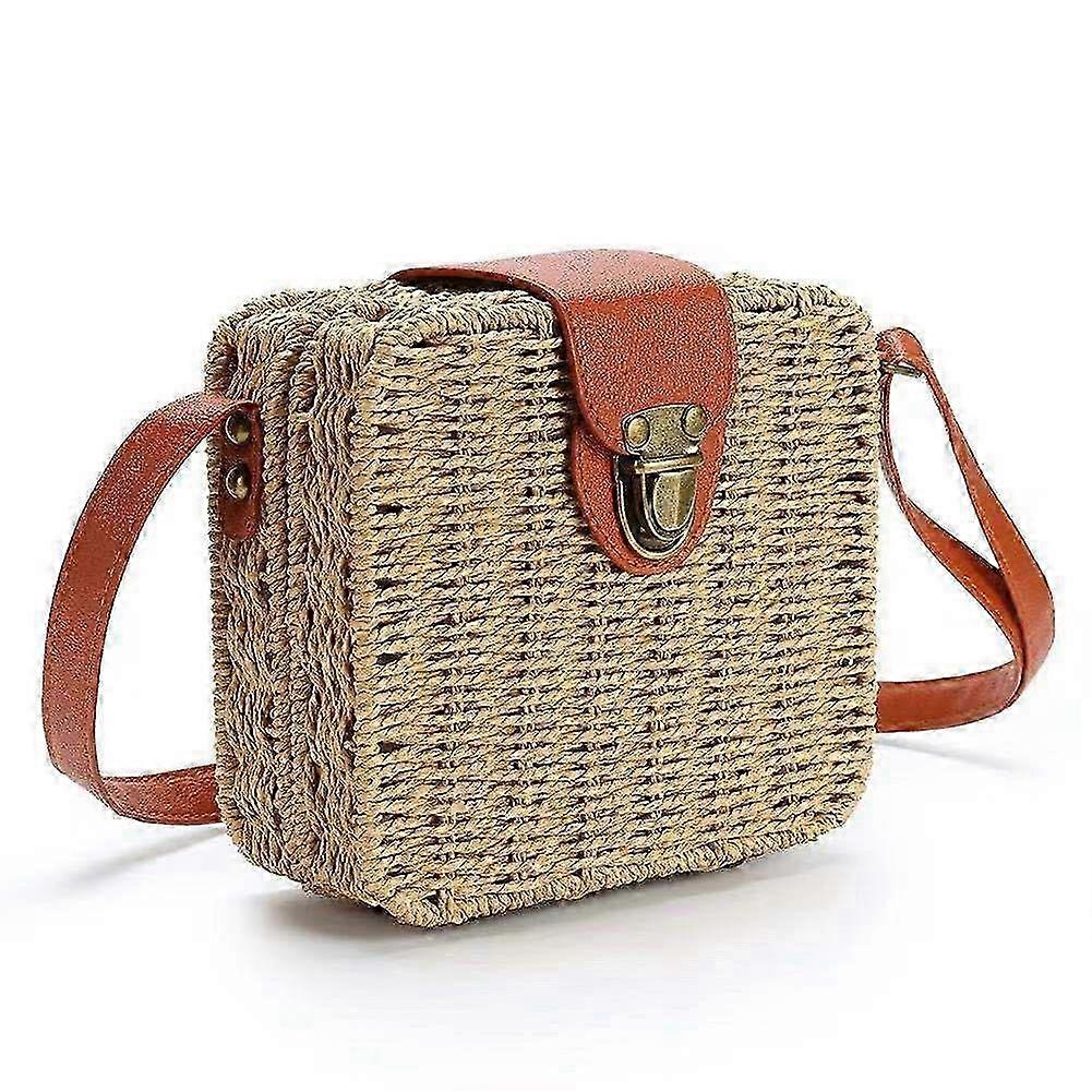 Kvinners firkantede vevde halm messenger skulderveske - khaki