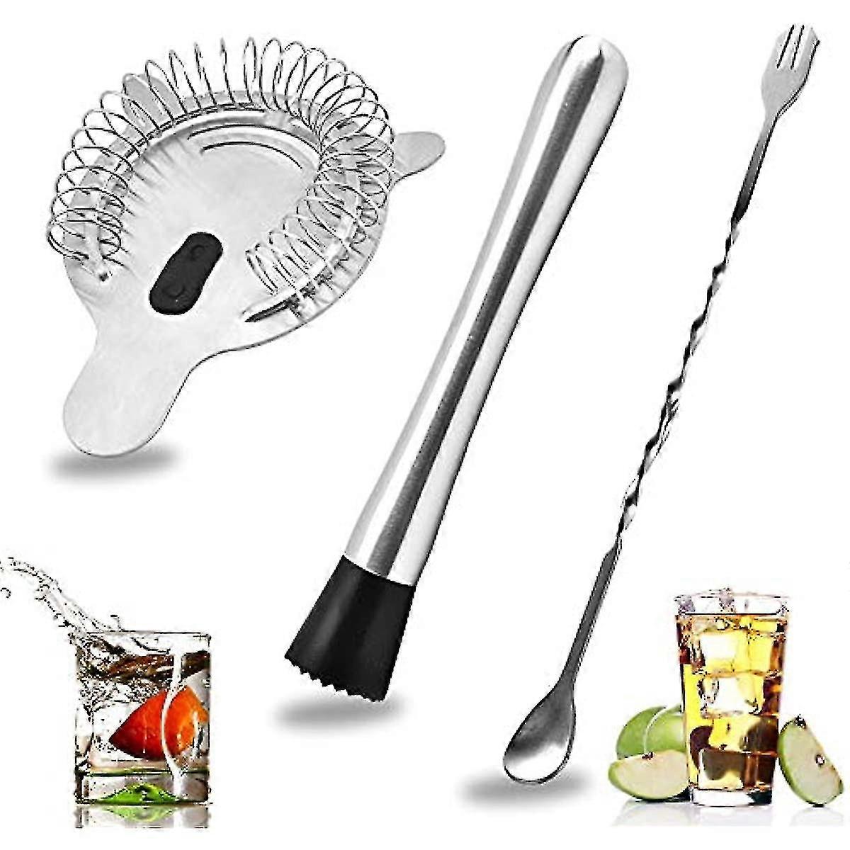 Stainless Steel Cocktail Muddler Set with Spoon & Strainer