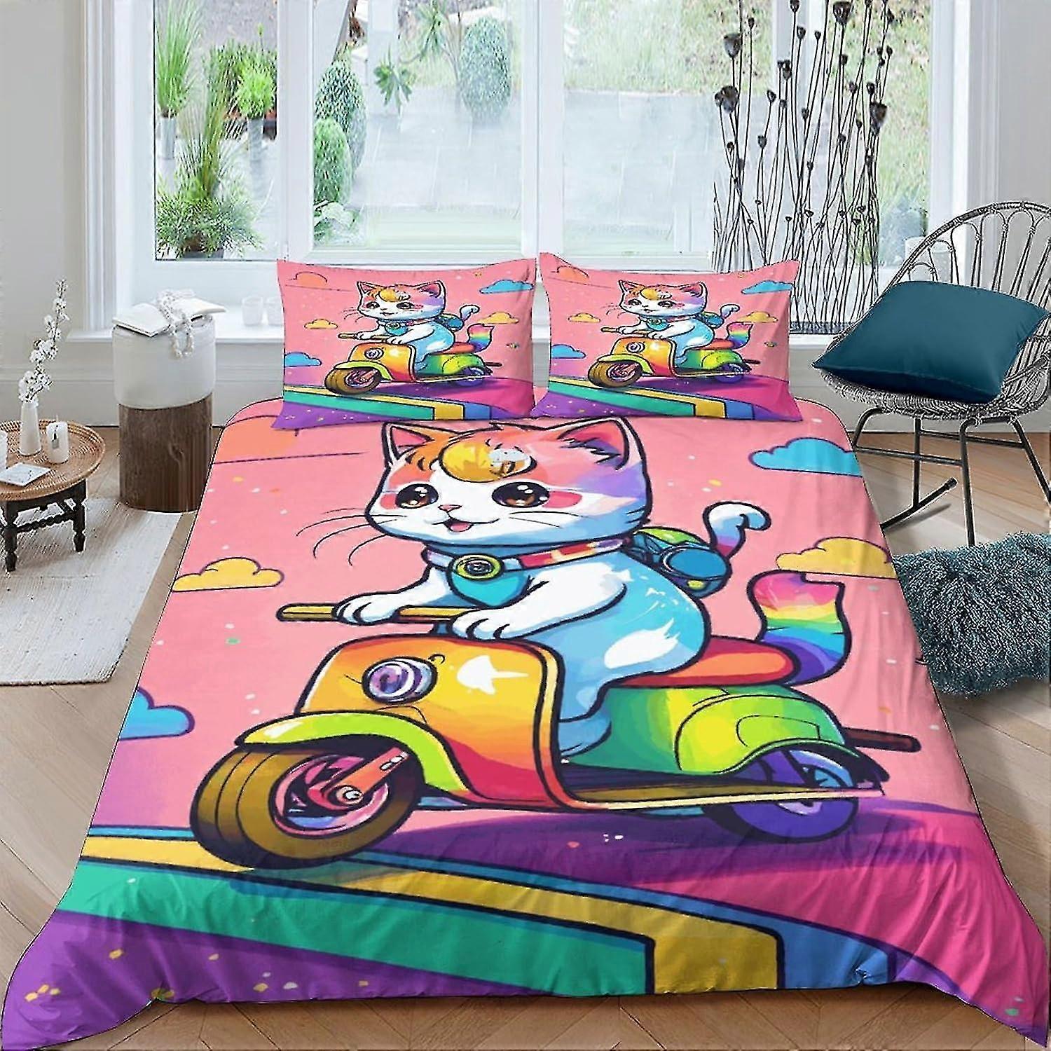 Cartoon Print Design Bedding Set with Zipper Closure, Soft Microfiber Duvet Cover and Pillowcases, Suitable for Any Brand Cat