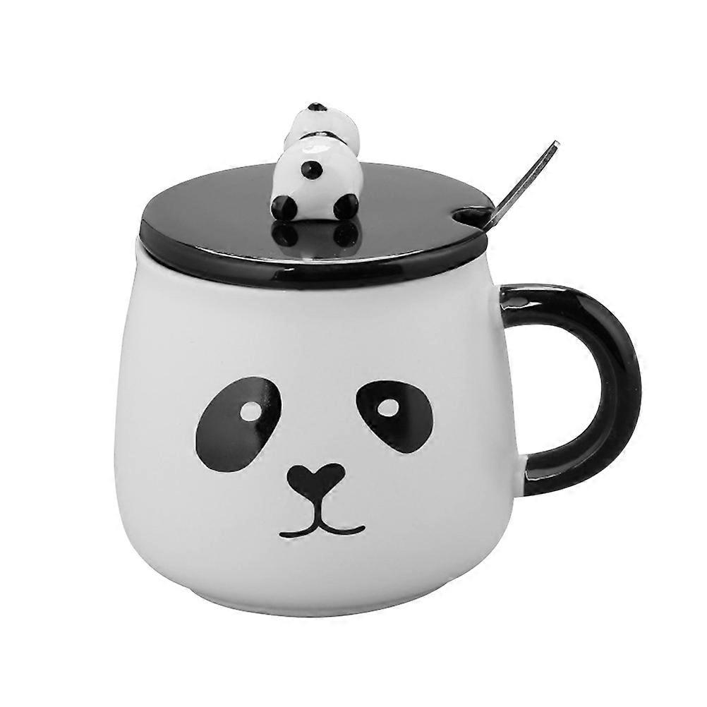 Breakfast Mug Ceramic Panda 3D Embossed Lid Spoon Coffee Milk Teacup 301-400ml Simple Use 1Pack