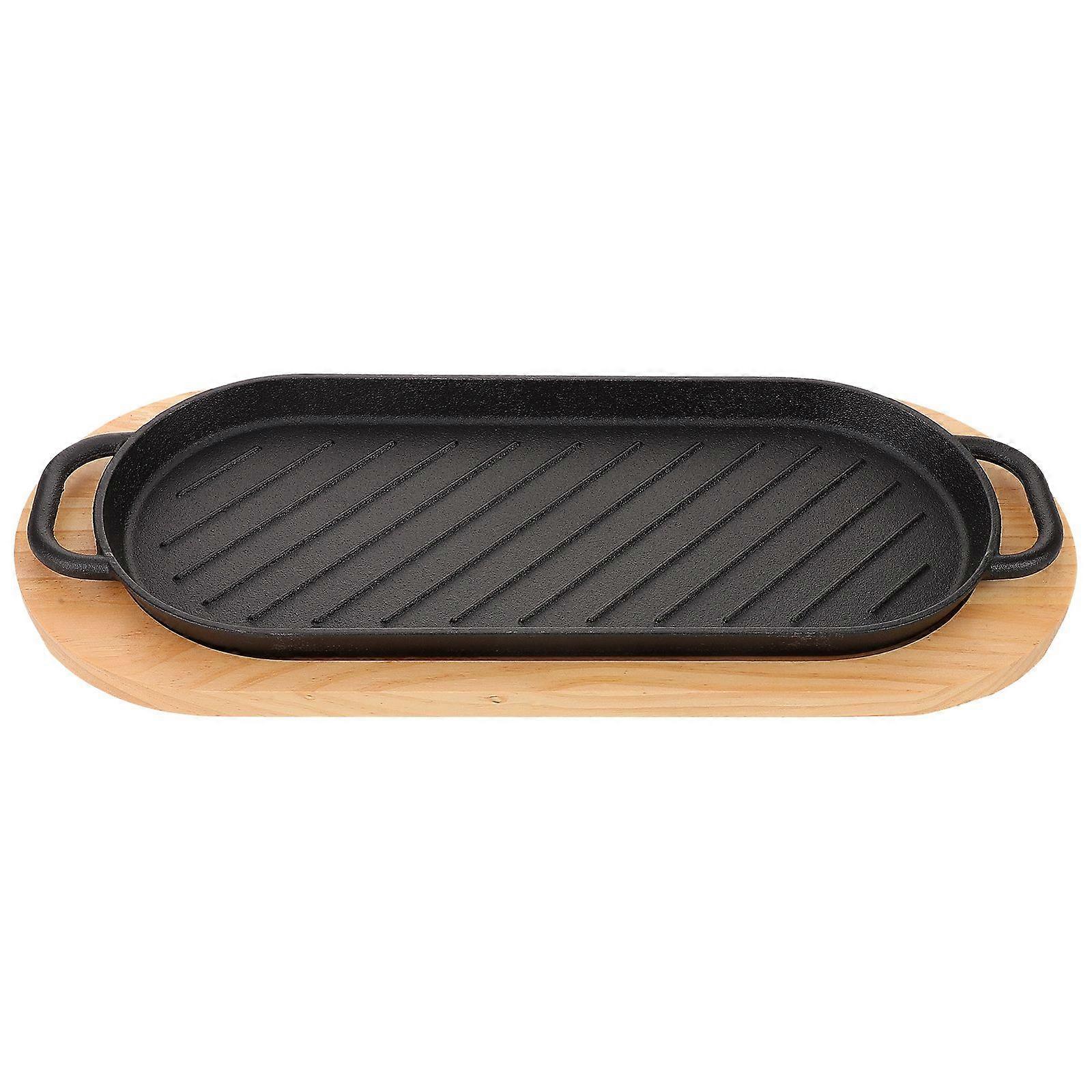 1 Set Cast Iron Steak Platter Griddle Pan Steak Pan Steak Frying Pan with Wood Base