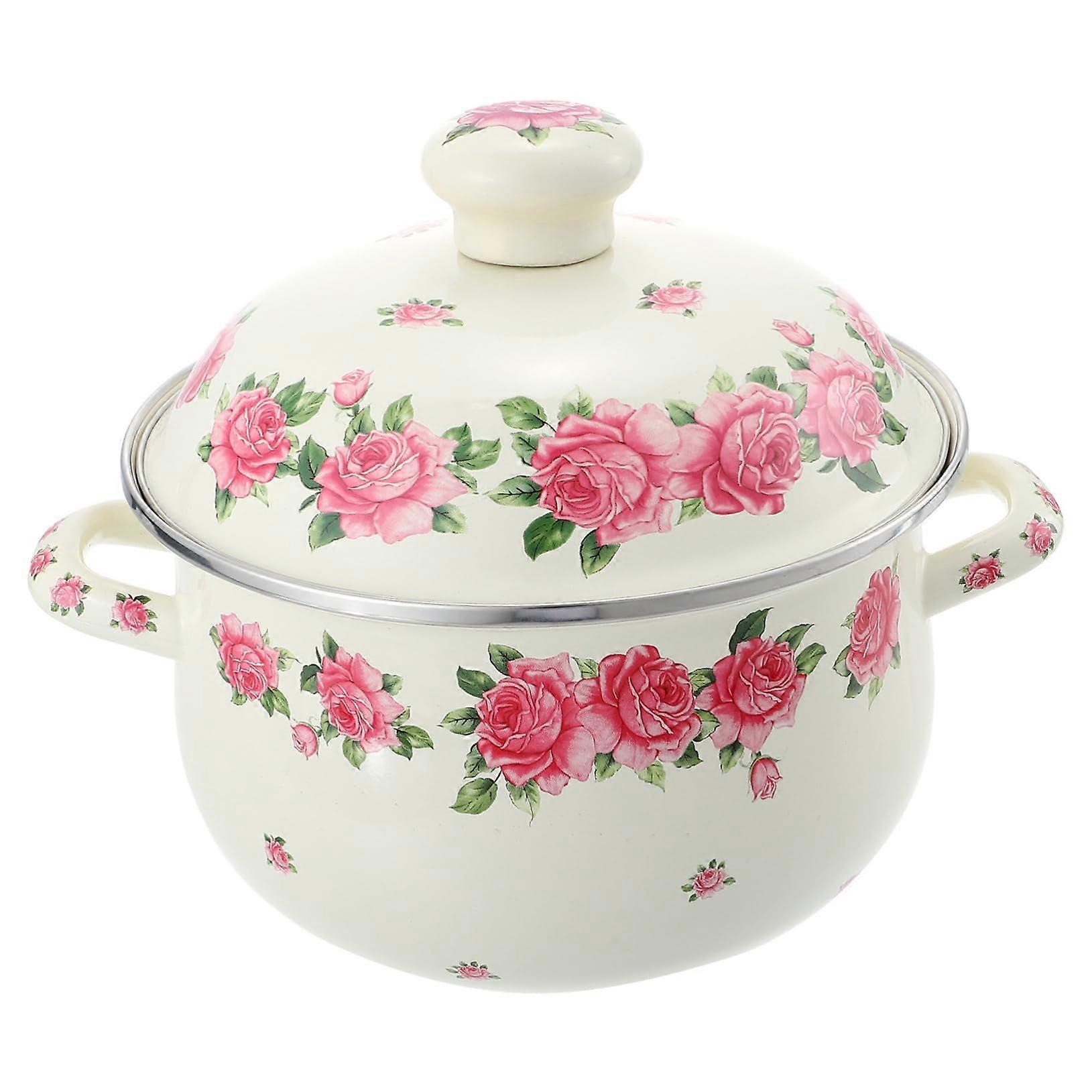 Enamel Stock Pot with Handles 5L for Gas Stove Durable Nostalgic Retro Design in Rosé for Even Heating