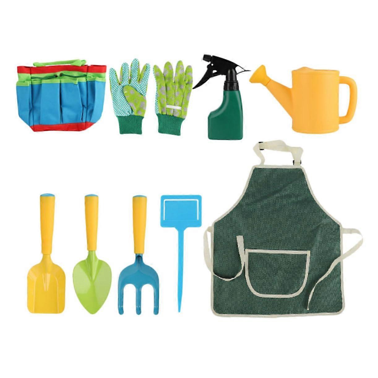 1 set of garden tool kit, partial set with shovel, rake, apron, and ground stakes for little garden lovers to plant and dig .