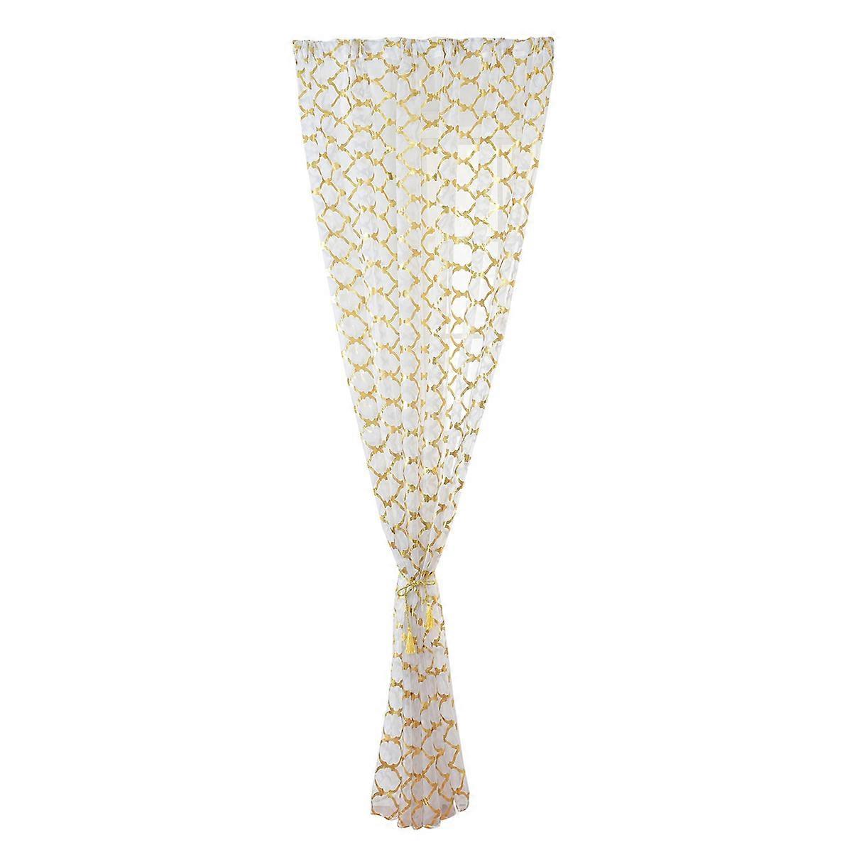 Living Room Decor Rod Shading Voile Curtain Sheer Effect Light Diffusion Grid Pattern Golden 100x200cm 1Pack